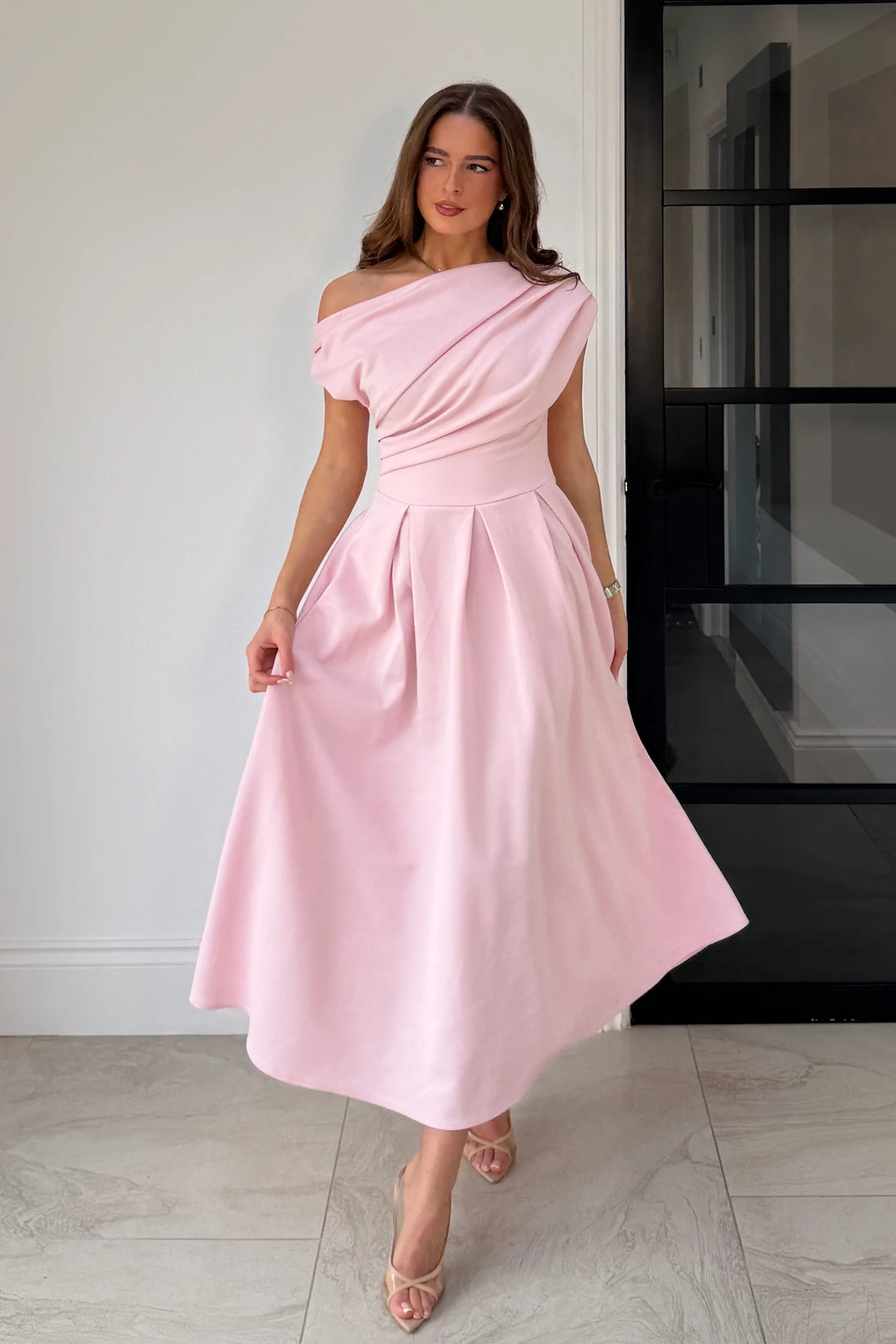 Betty Powder Pink Asymmetric Neckline Skater Midi Dress With Pockets