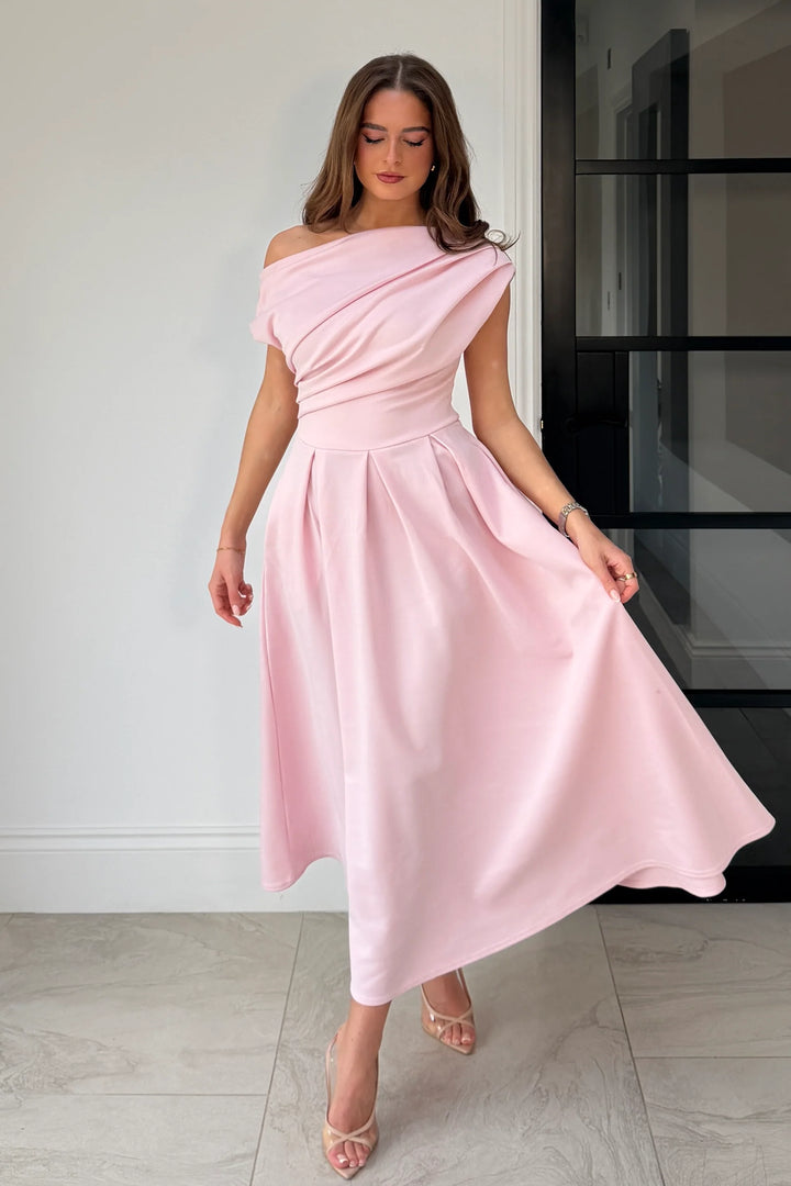 Betty Powder Pink Asymmetric Neckline Skater Midi Dress With Pockets