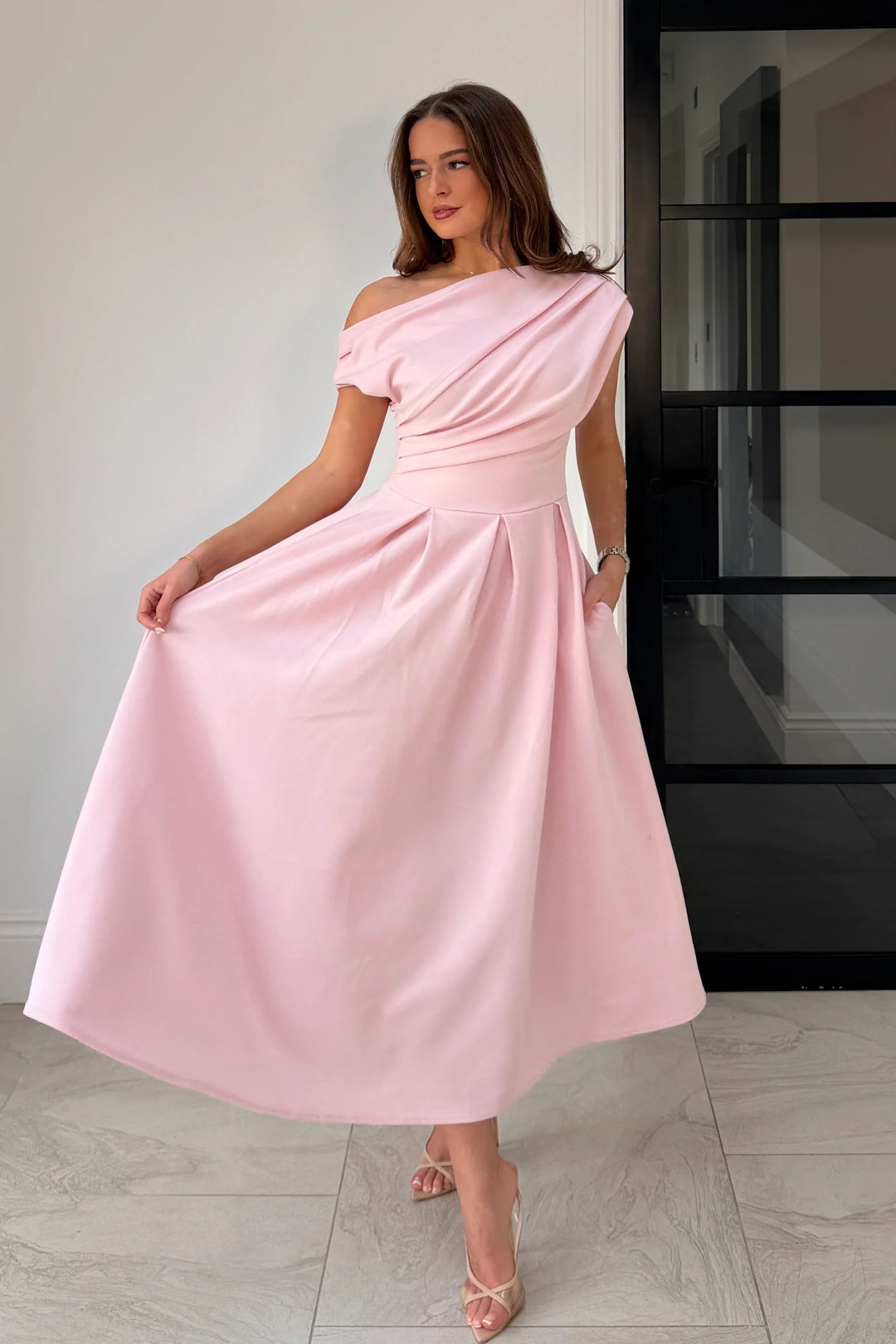 Betty Powder Pink Asymmetric Neckline Skater Midi Dress With Pockets