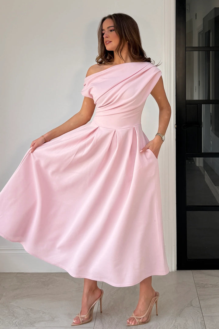 Betty Powder Pink Asymmetric Neckline Skater Midi Dress With Pockets