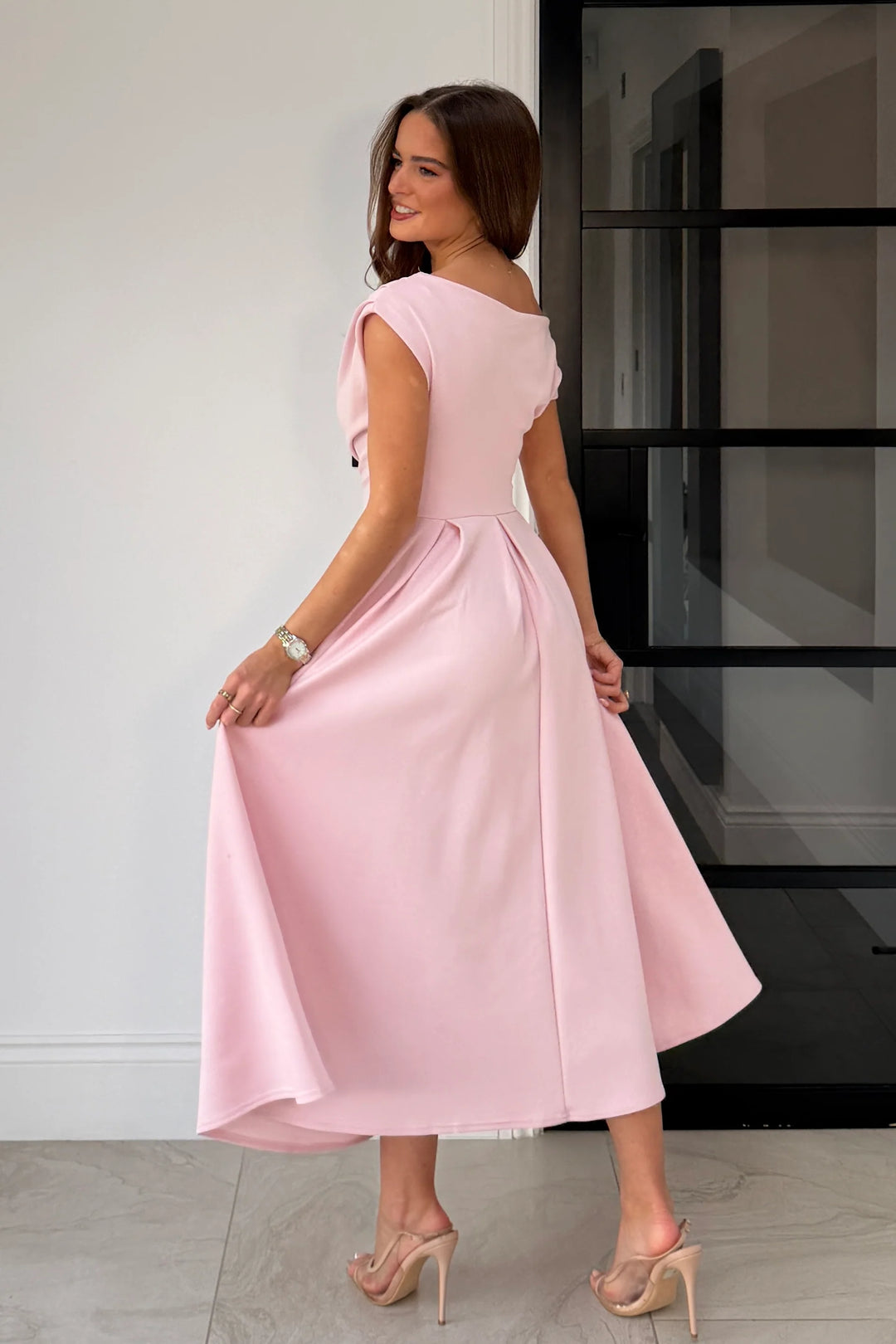 Betty Powder Pink Asymmetric Neckline Skater Midi Dress With Pockets