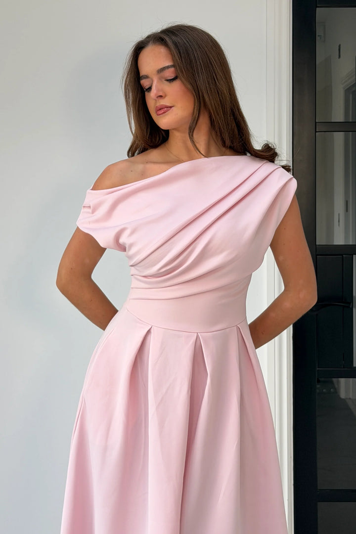 Betty Powder Pink Asymmetric Neckline Skater Midi Dress With Pockets