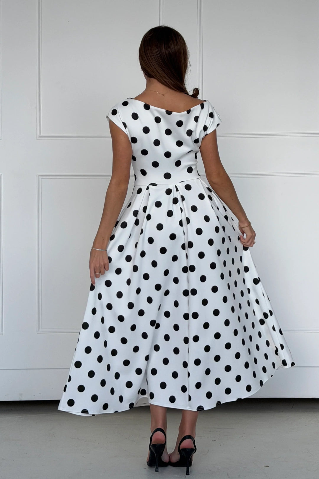 Betty White Polka Dot Asymmetric Neckline Skater Midi Dress With Pockets