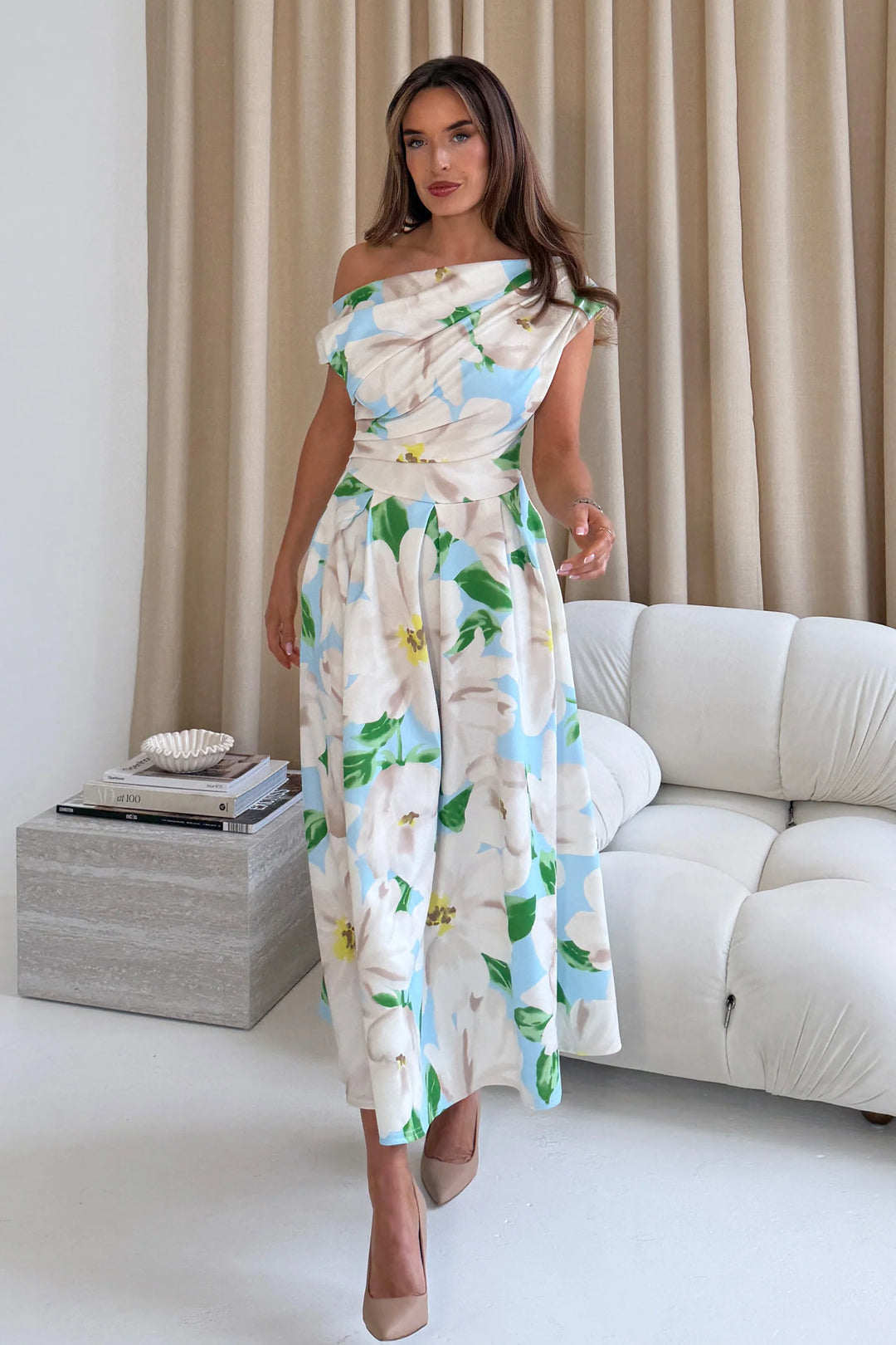 Betty Pale Blue & Green Floral Asymmetric Neckline Skater Midi Dress With Pockets