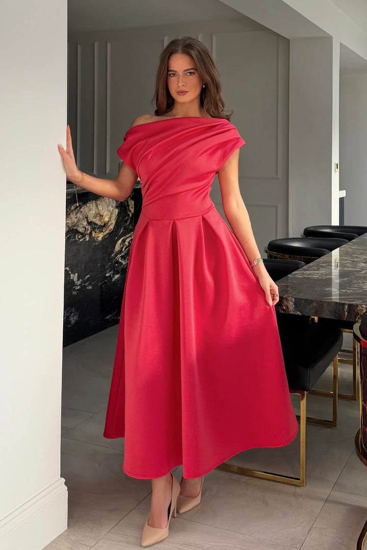 Betty Coral Asymmetric Neckline Skater Midi Dress With Pockets