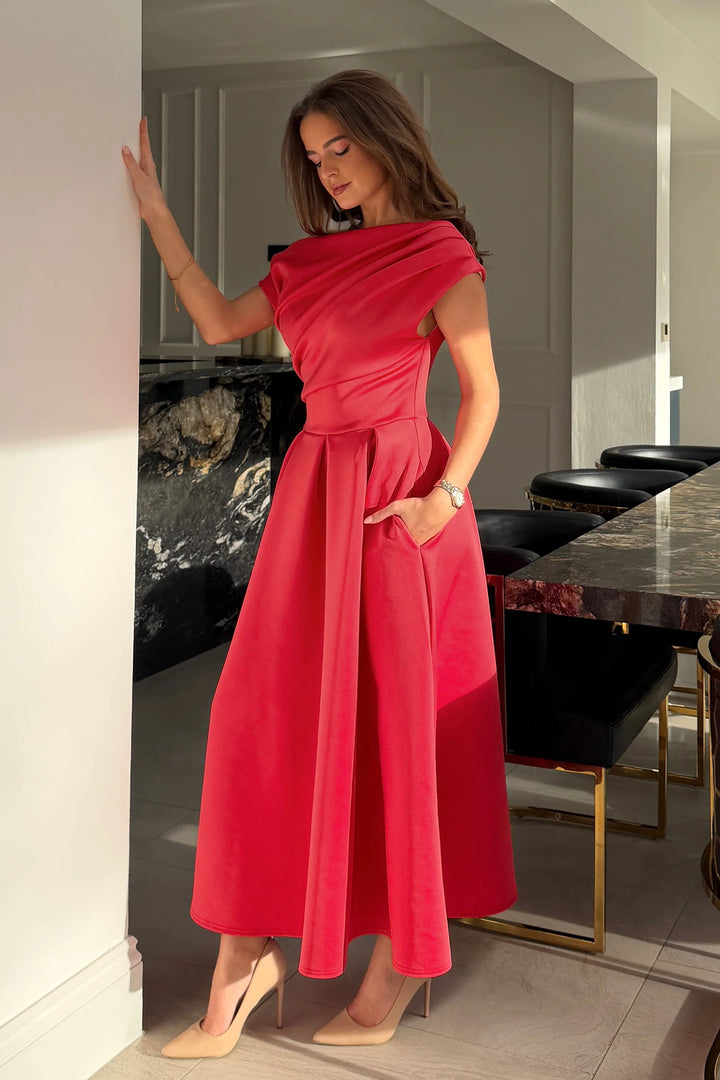 Betty Coral Asymmetric Neckline Skater Midi Dress With Pockets
