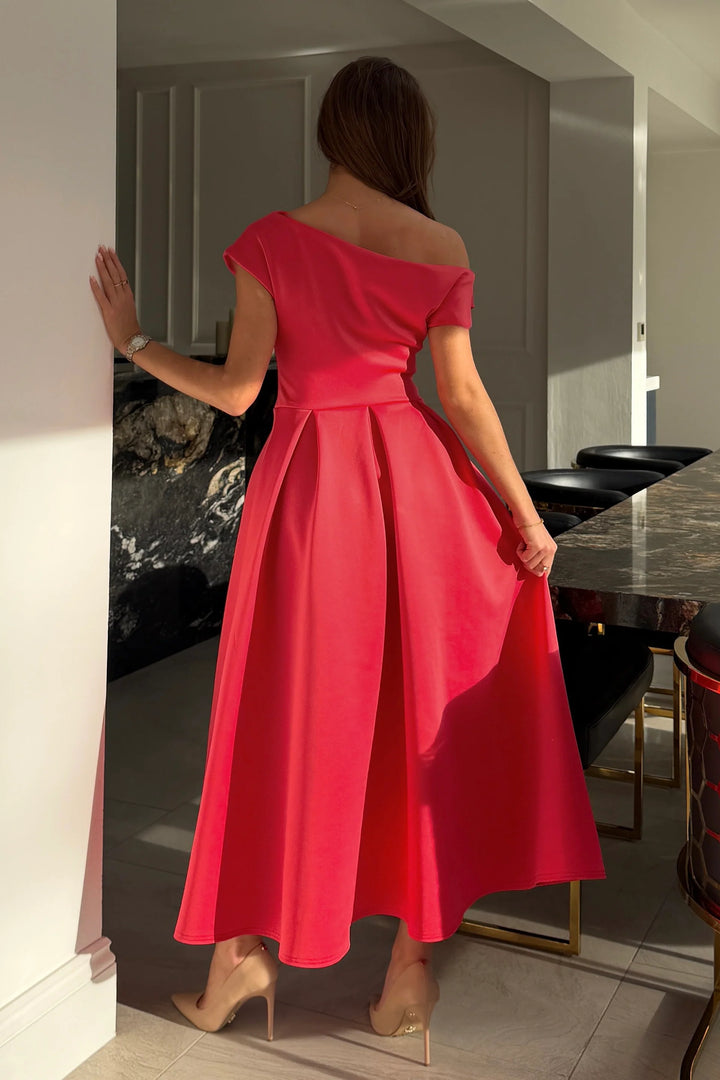 Betty Coral Asymmetric Neckline Skater Midi Dress With Pockets