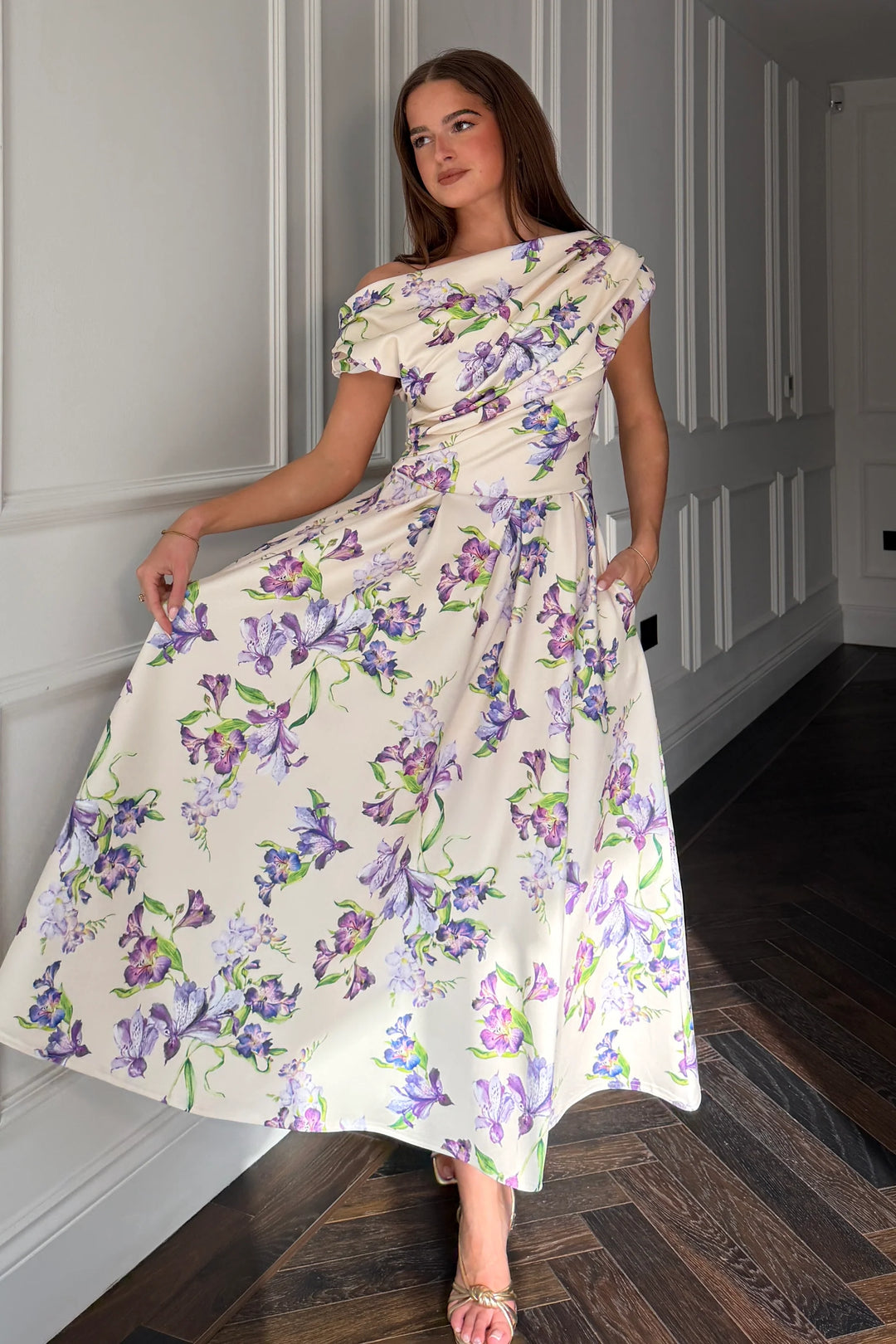 Betty Yellow & Lilac Floral Asymmetric Neckline Skater Midi Dress With Pockets