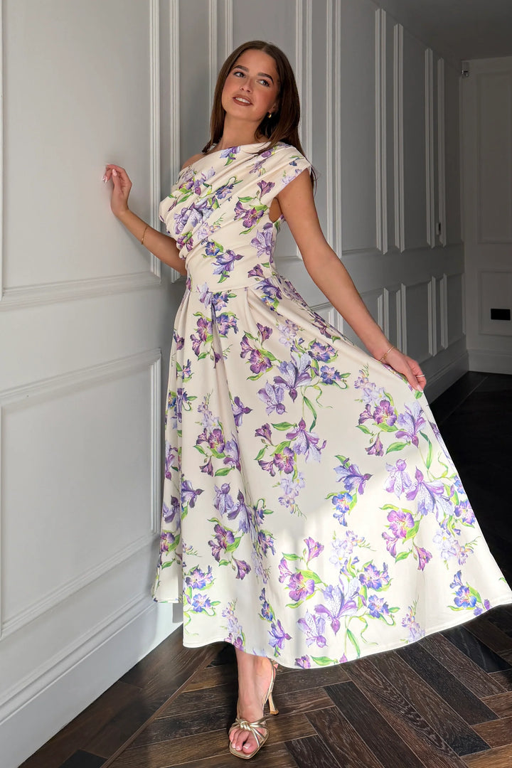 Betty Yellow & Lilac Floral Asymmetric Neckline Skater Midi Dress With Pockets