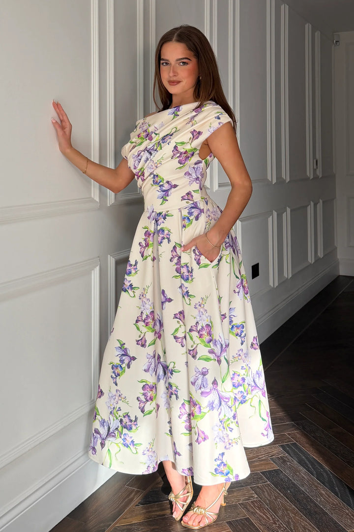 Betty Yellow & Lilac Floral Asymmetric Neckline Skater Midi Dress With Pockets