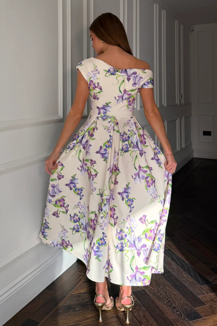 Betty Yellow & Lilac Floral Asymmetric Neckline Skater Midi Dress With Pockets