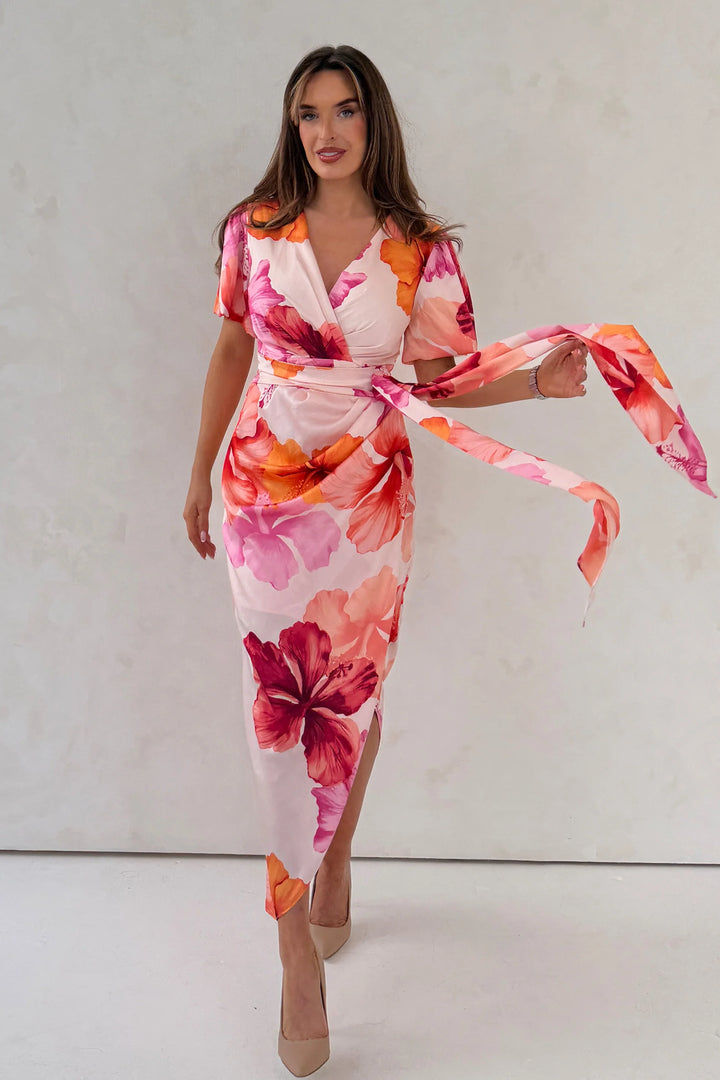 Drew Pink Floral Wrap Short Puff Sleeve Midi Dress
