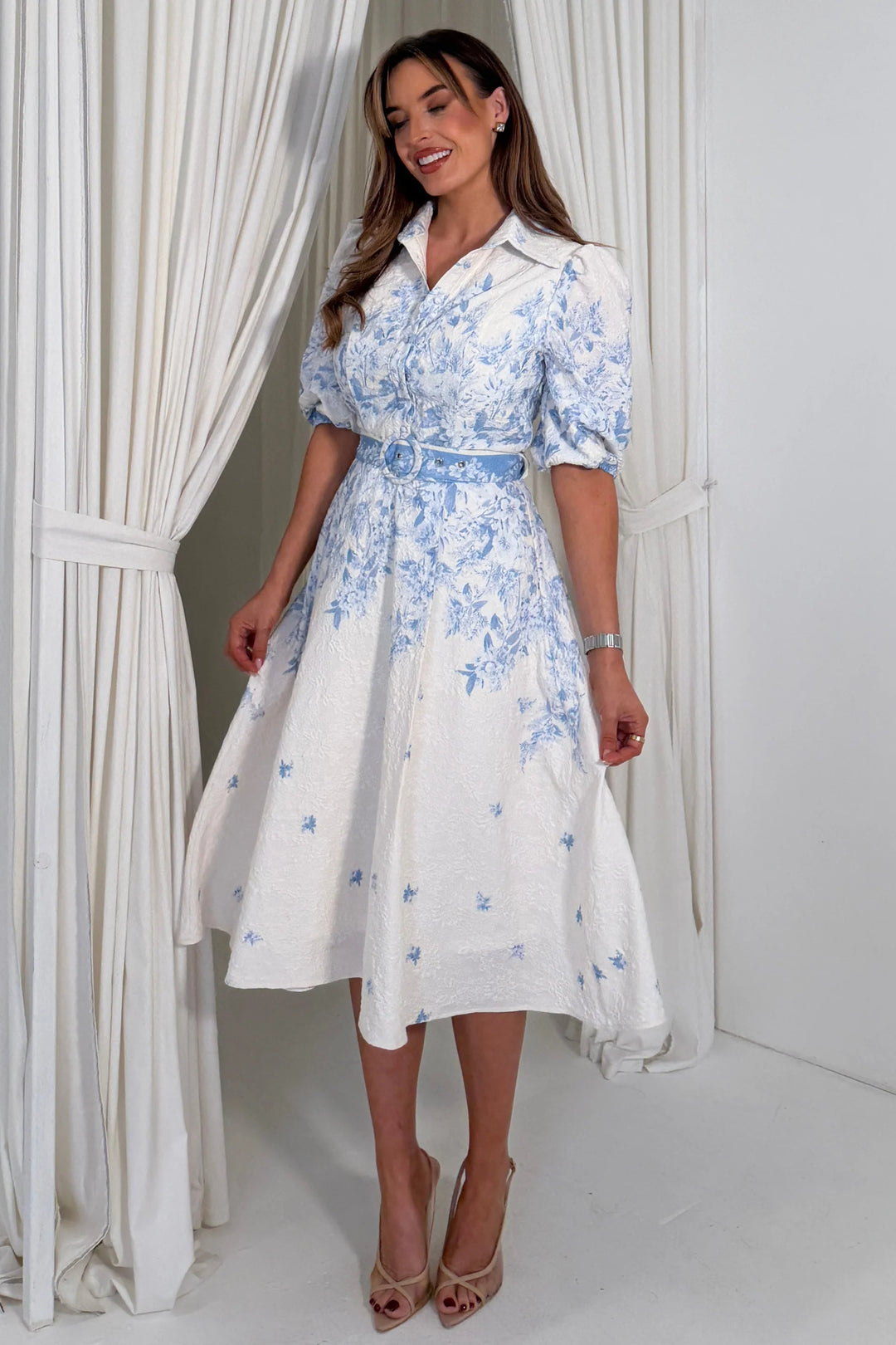 Holland Blue Floral Short Sleeve Belted Midi Dress