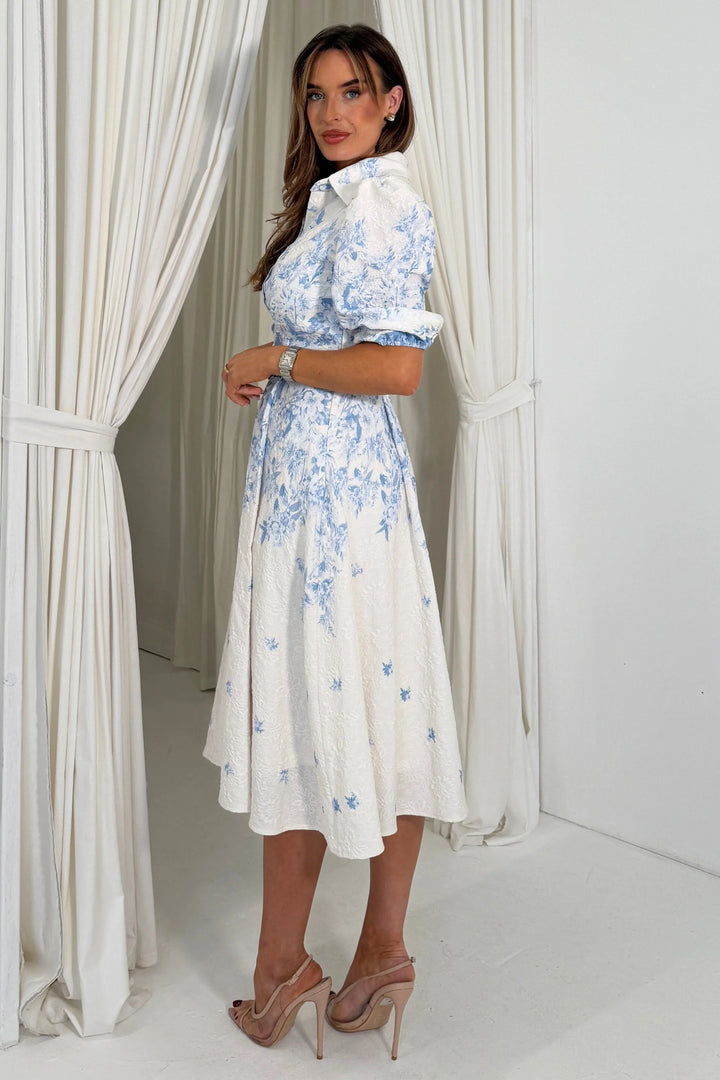 Holland Blue Floral Short Sleeve Belted Midi Dress