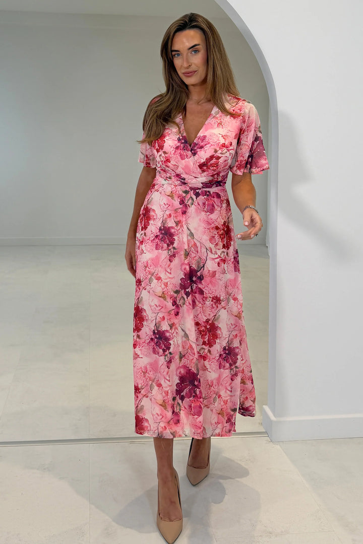 Daisy Pink Floral Wrap Neck Twist Detail Short Sleeve Midi Dress