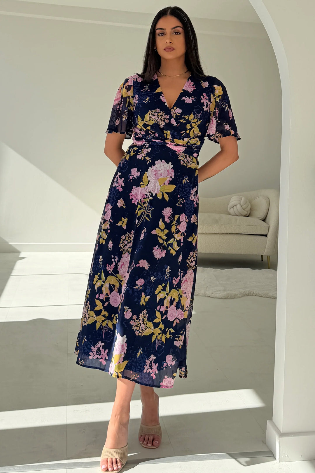 Daisy Navy Floral Wrap Neck Twist Detail Short Sleeve Midi Dress