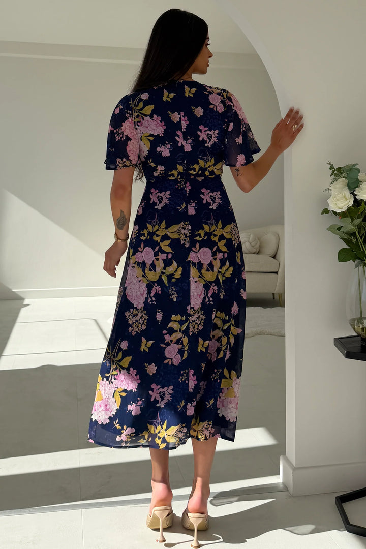 Daisy Navy Floral Wrap Neck Twist Detail Short Sleeve Midi Dress