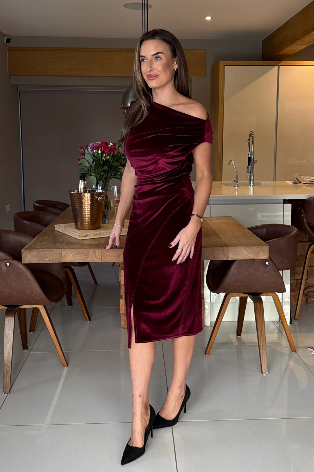Ariana Berry Velvet Asymmetric Neckline Bodycon Midi Dress