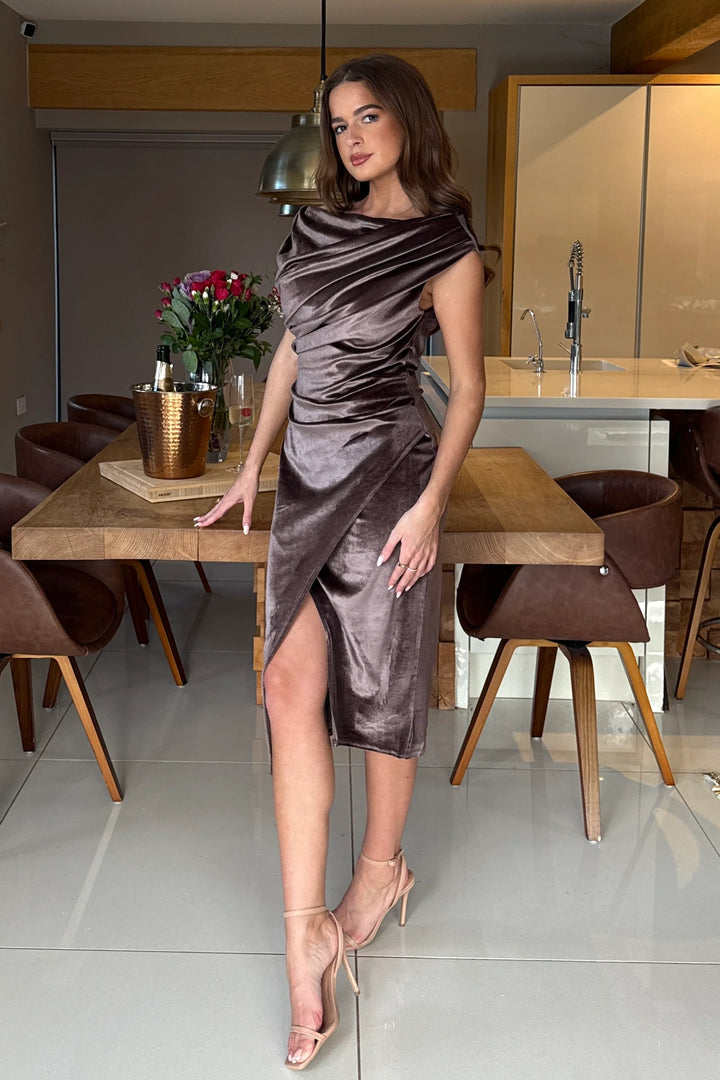 Ariana Chocolate Velvet Asymmetric Neckline Bodycon Midi Dress