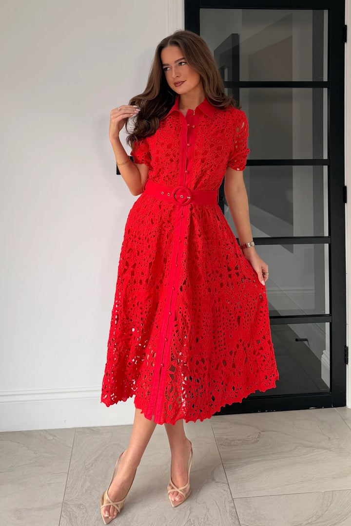 Meadow Red Lace Short Sleeve Belted Midi Dress