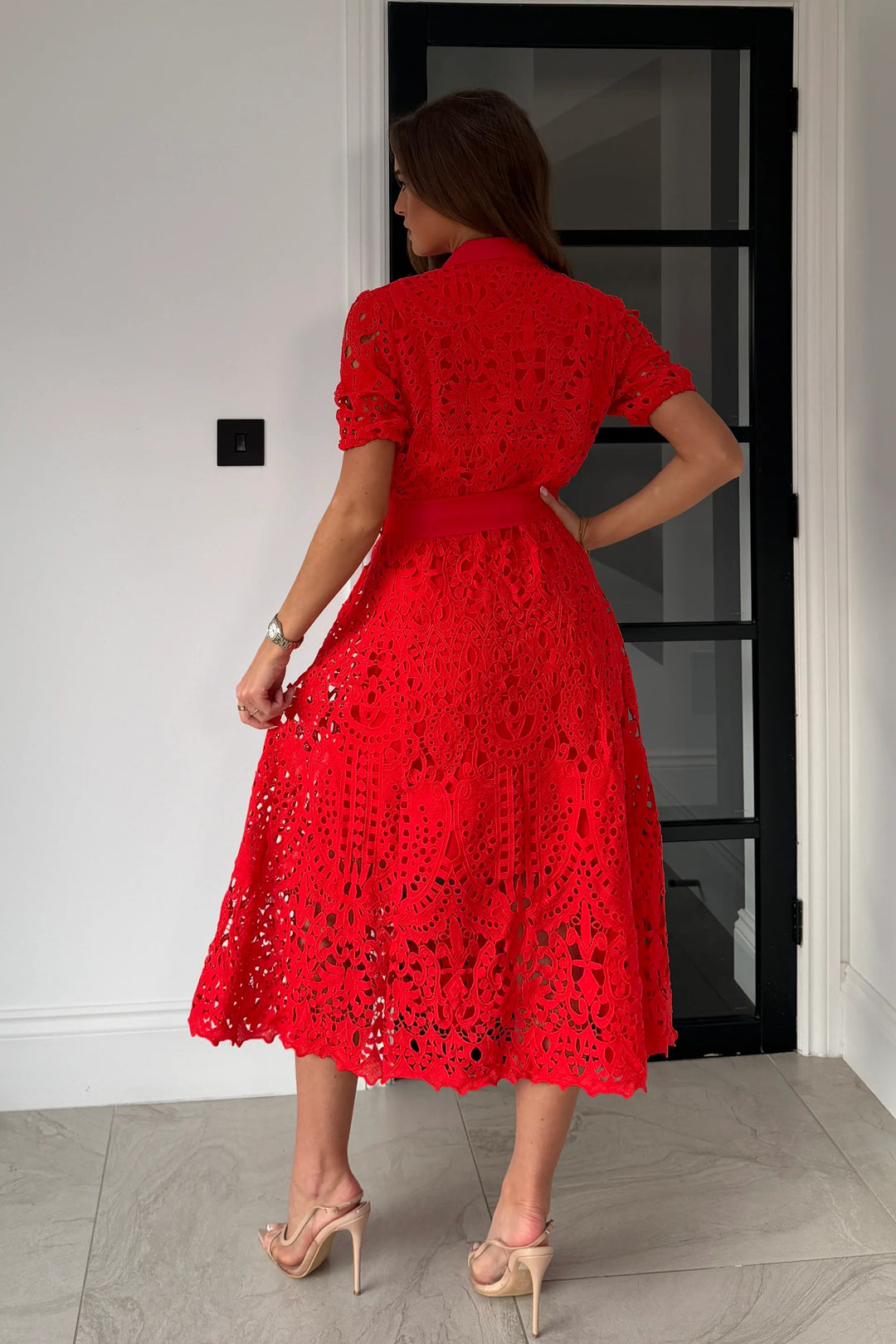 Meadow Red Lace Short Sleeve Belted Midi Dress