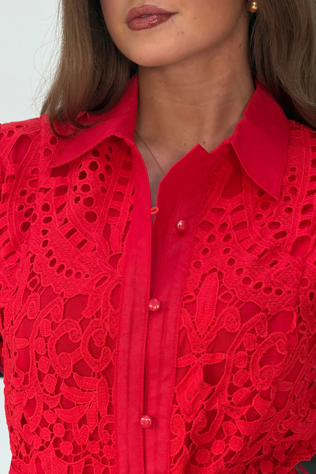 Meadow Red Lace Short Sleeve Belted Midi Dress