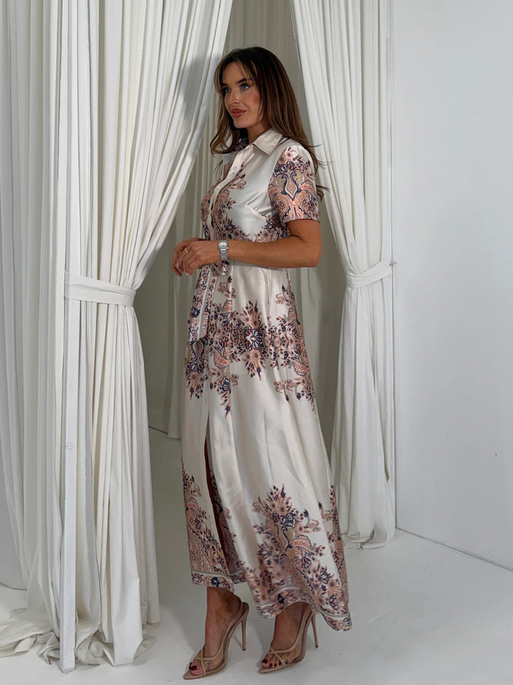 Aurora Ivory Paisley Print Belted Maxi Shirt Dress - CHECK SIZING INFO