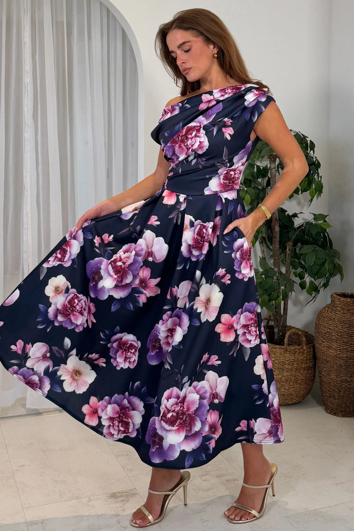 Betty Navy Floral Asymmetric Neckline Skater Maxi Dress With Pockets