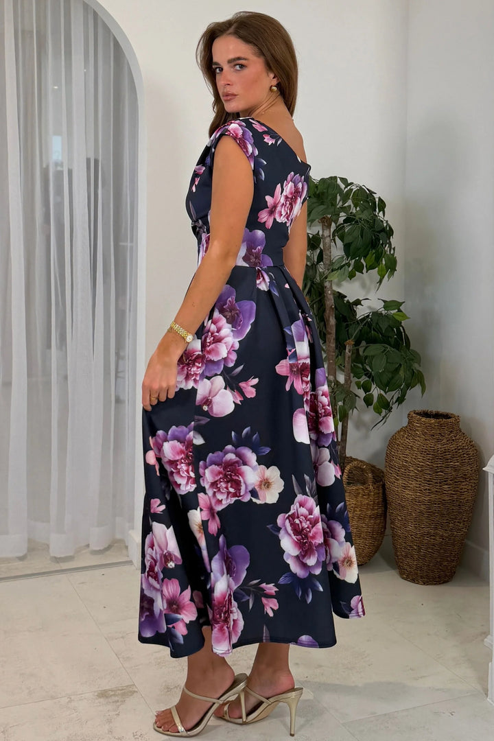 Betty Navy Floral Asymmetric Neckline Skater Maxi Dress With Pockets