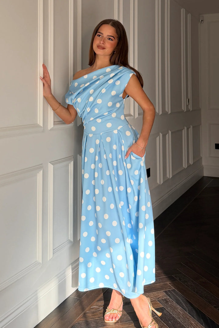 Betty Blue Polka Dot Asymmetric Neckline Skater Midi Dress With Pockets
