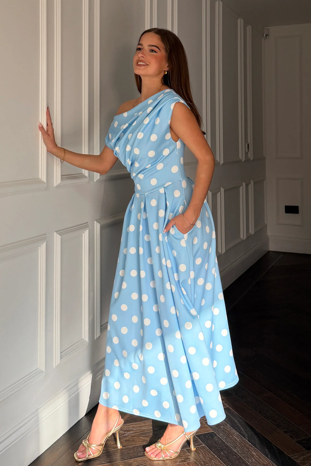 Betty Blue Polka Dot Asymmetric Neckline Skater Midi Dress With Pockets