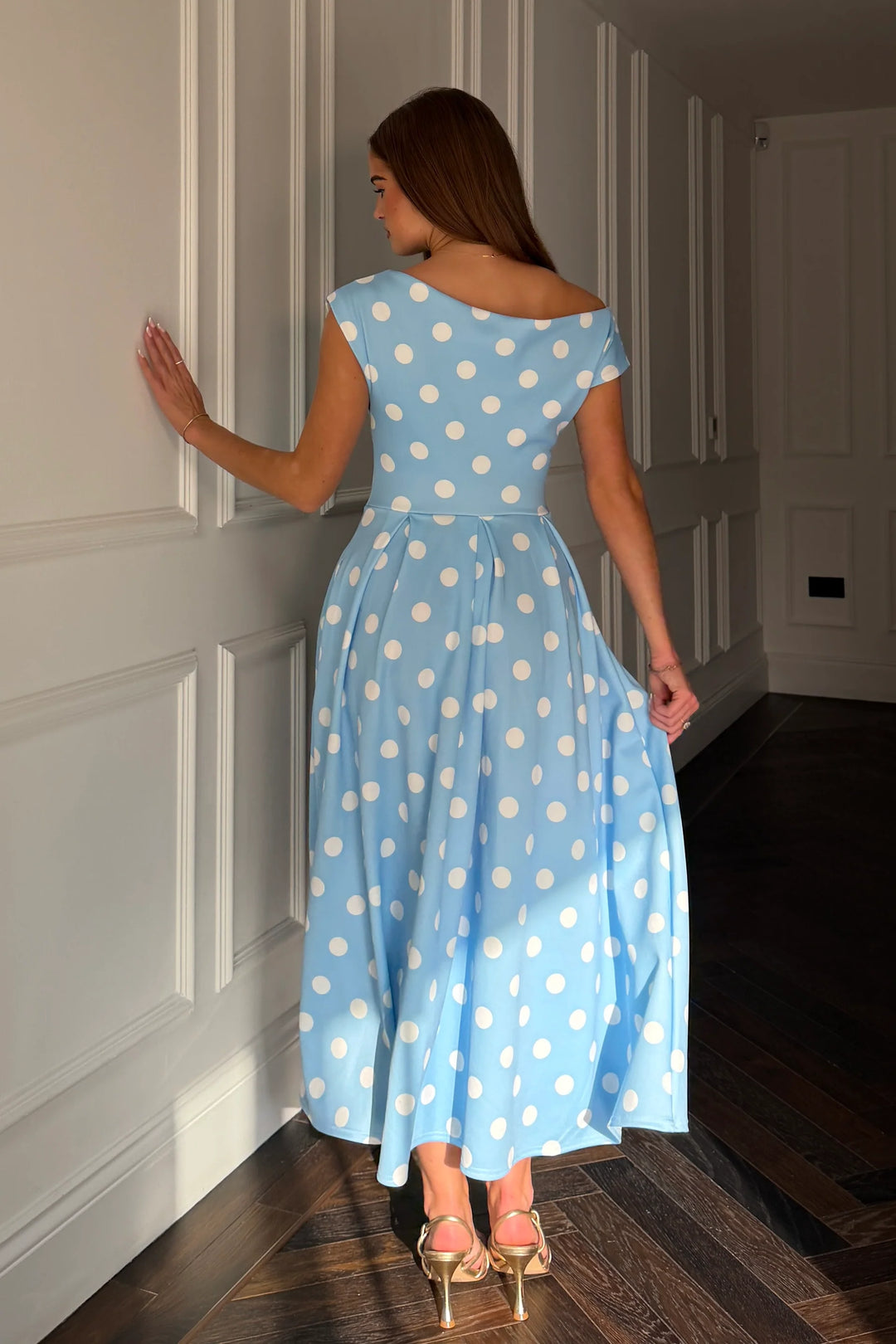 Betty Blue Polka Dot Asymmetric Neckline Skater Midi Dress With Pockets