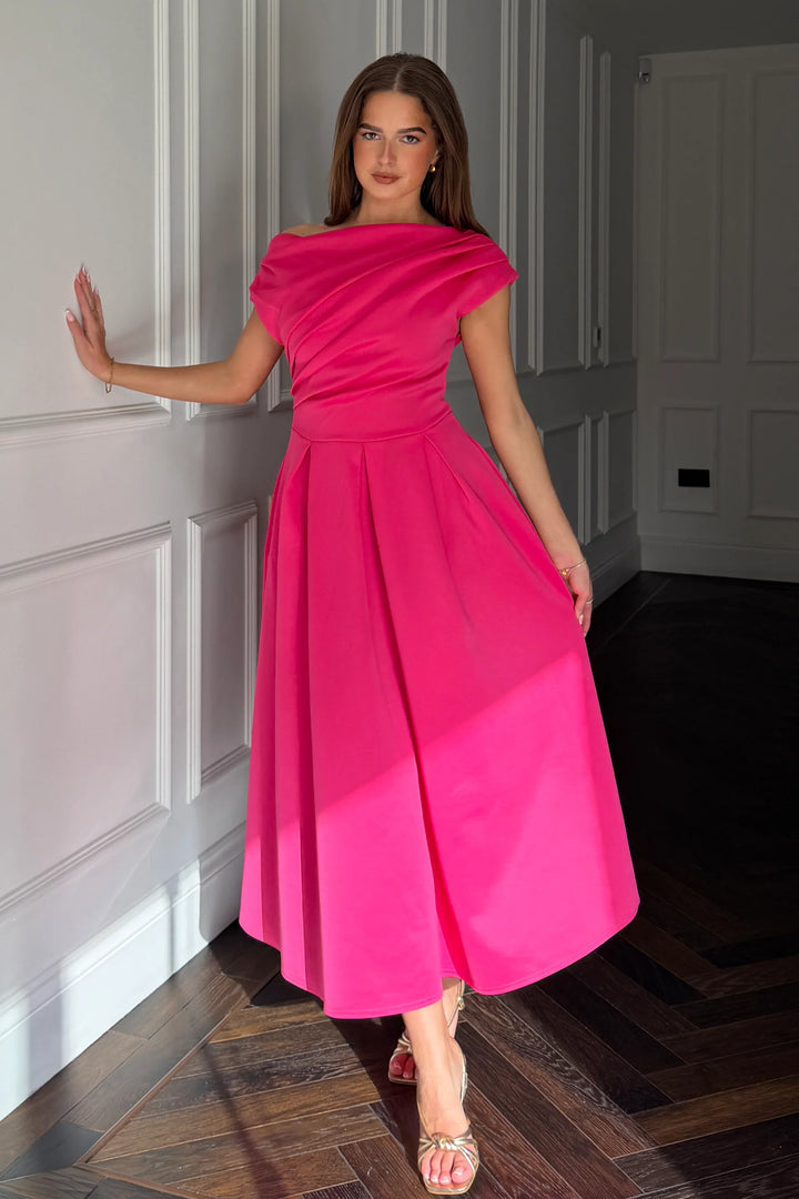 Betty Pink Asymmetric Neckline Skater Midi Dress With Pockets