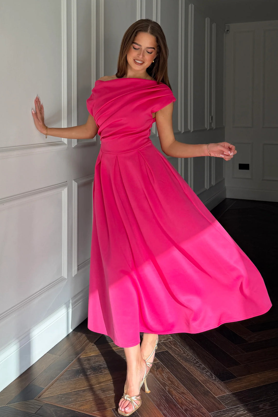 Betty Pink Asymmetric Neckline Skater Midi Dress With Pockets