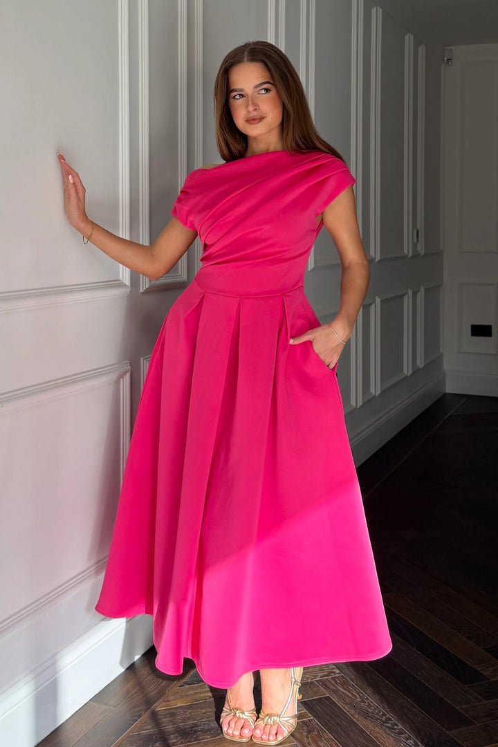 Betty Pink Asymmetric Neckline Skater Midi Dress With Pockets