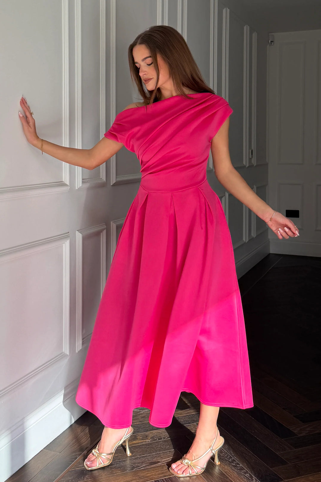 Betty Pink Asymmetric Neckline Skater Midi Dress With Pockets