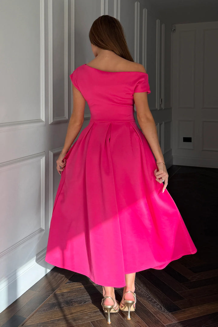 Betty Pink Asymmetric Neckline Skater Midi Dress With Pockets