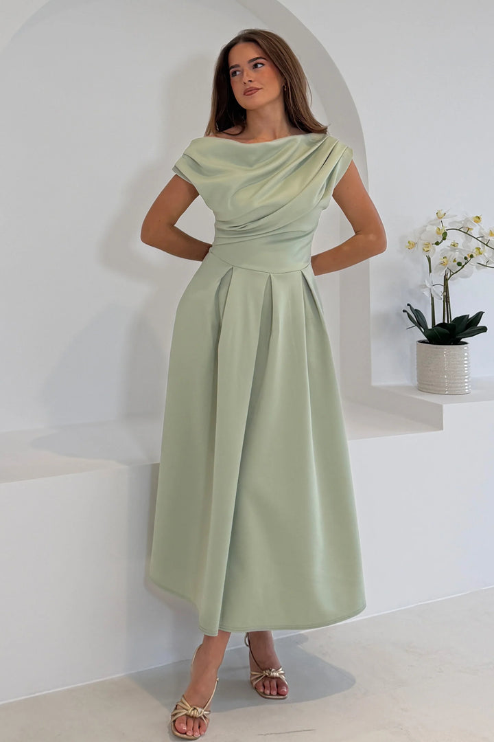 Betty Sage Asymmetric Neckline Skater Midi Dress With Pockets