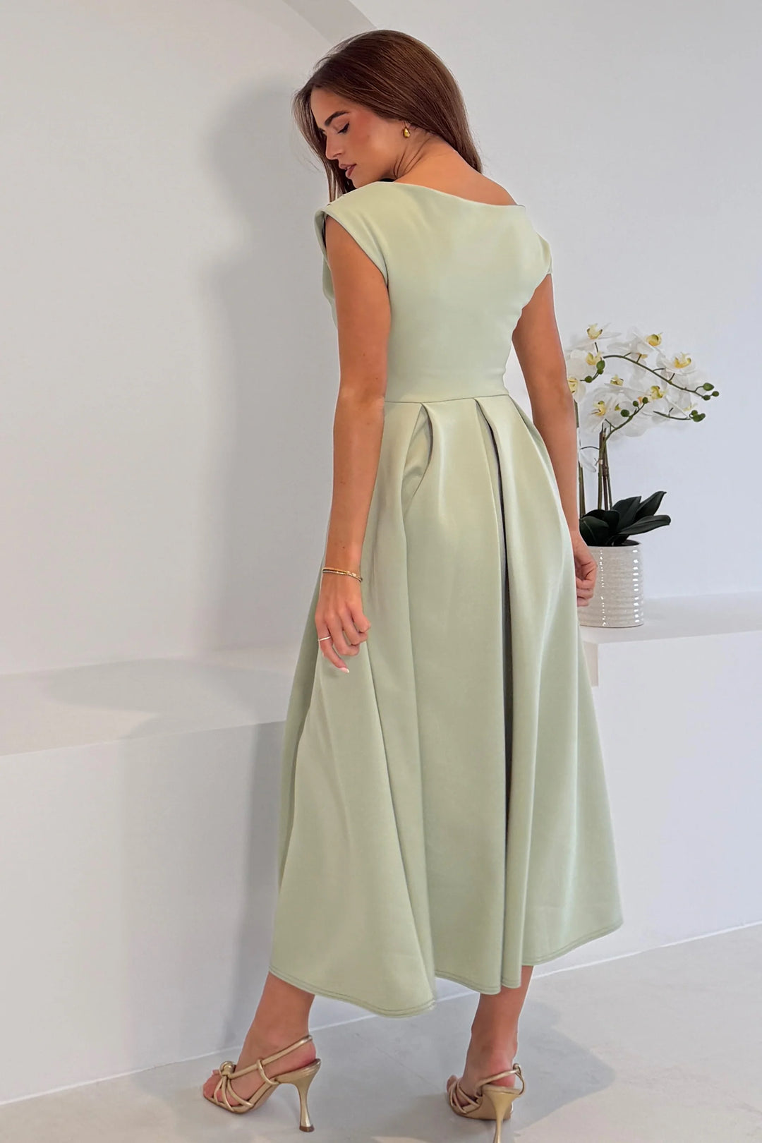 Betty Sage Asymmetric Neckline Skater Midi Dress With Pockets