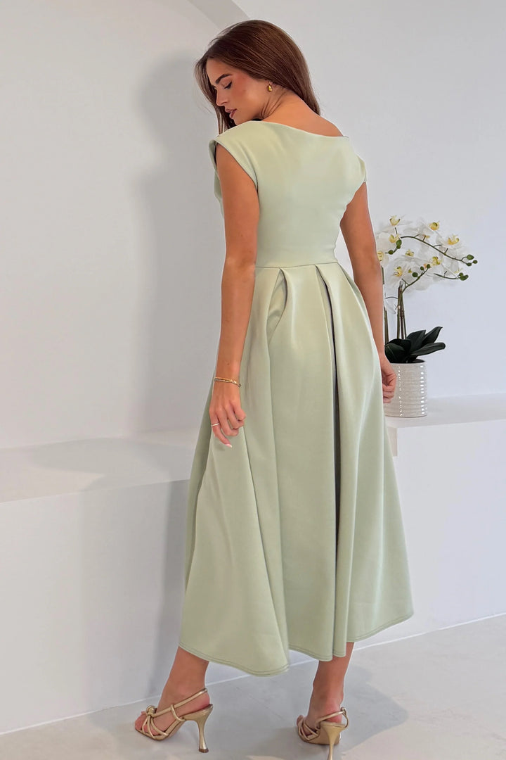 Betty Sage Asymmetric Neckline Skater Midi Dress With Pockets