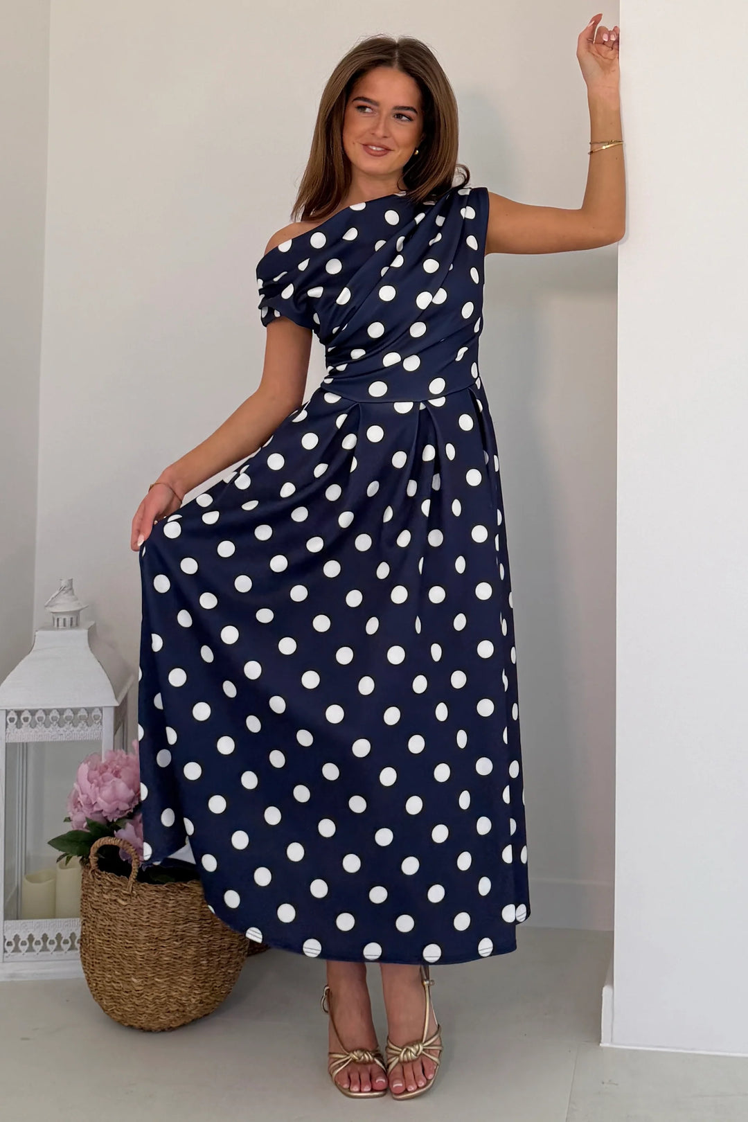 Betty Navy Polka Dot Asymmetric Neckline Skater Maxi Dress With Pockets