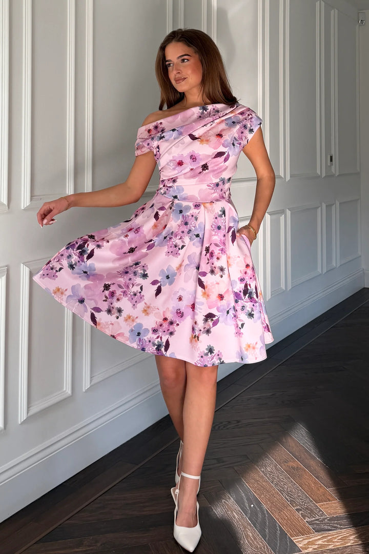 Betty Lilac Floral Asymmetric Neckline Skater Mini Dress With Pockets
