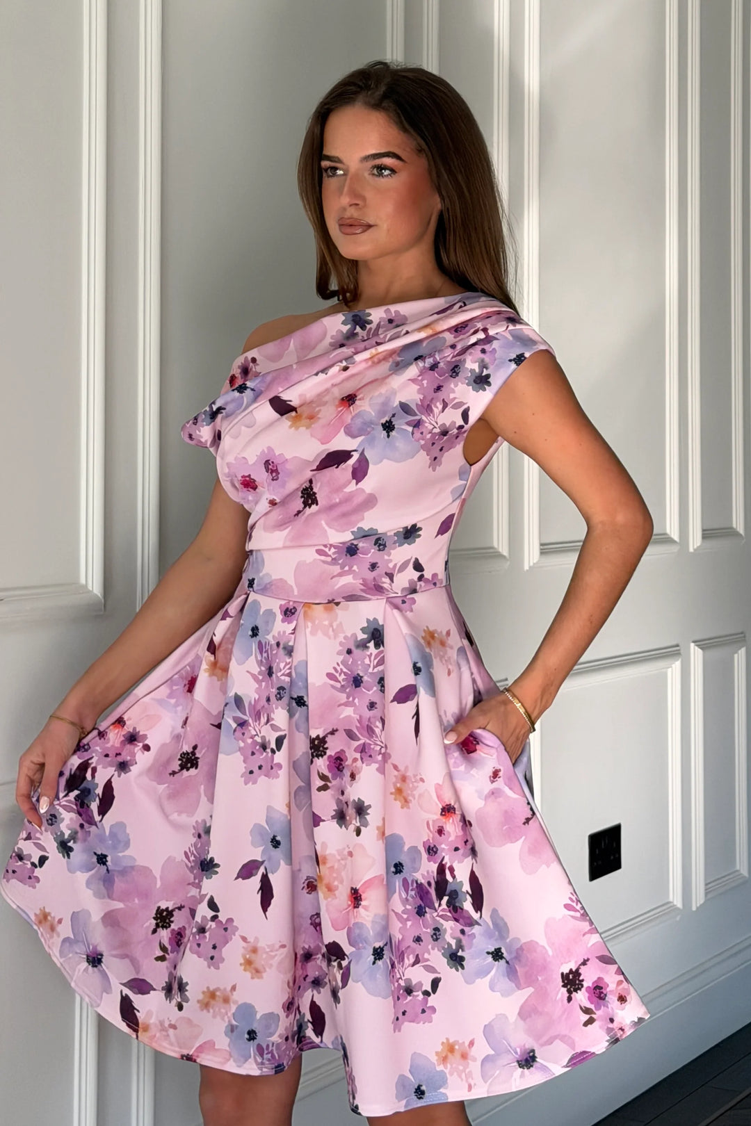 Betty Lilac Floral Asymmetric Neckline Skater Mini Dress With Pockets