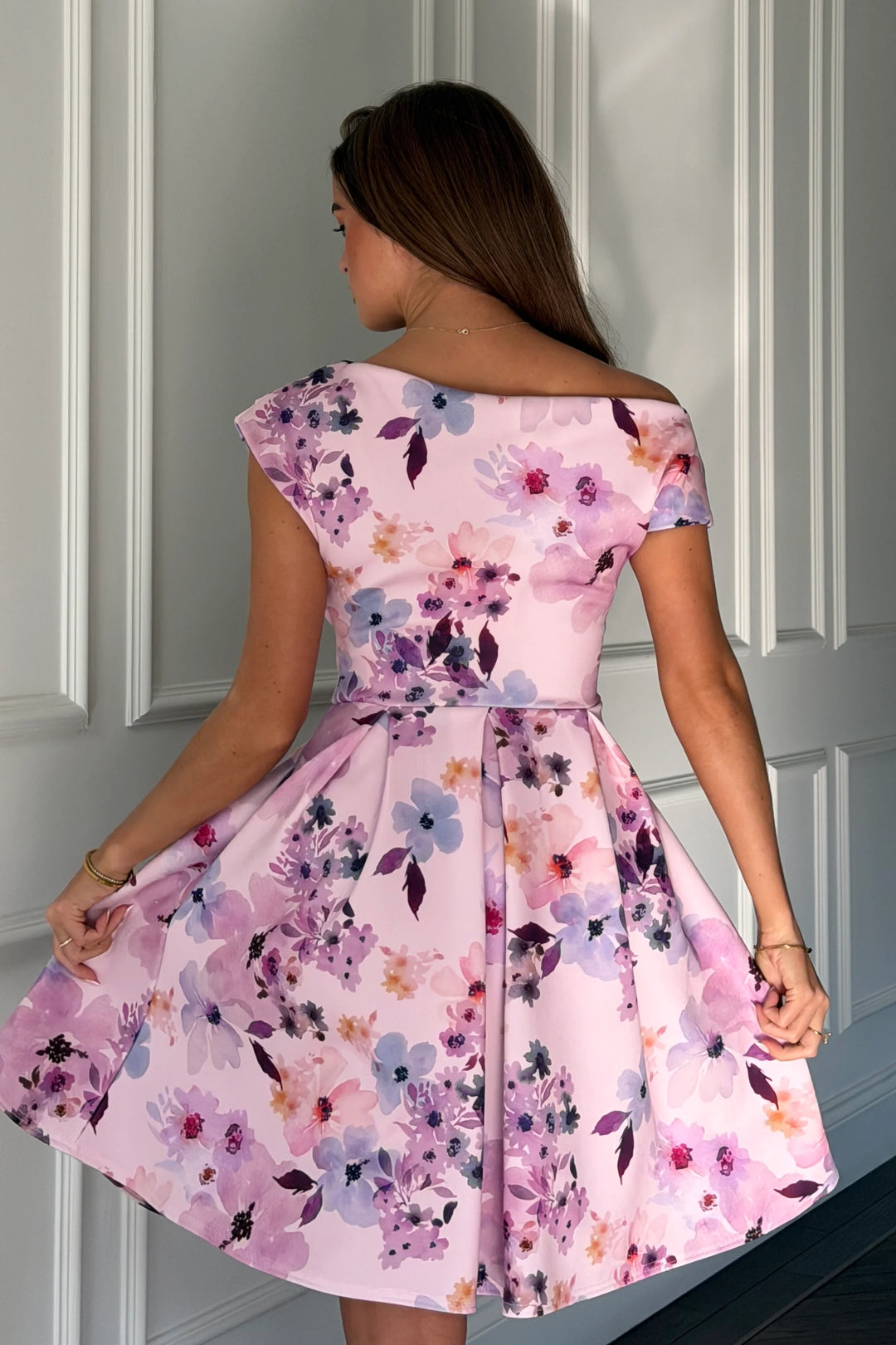 Betty Lilac Floral Asymmetric Neckline Skater Mini Dress With Pockets