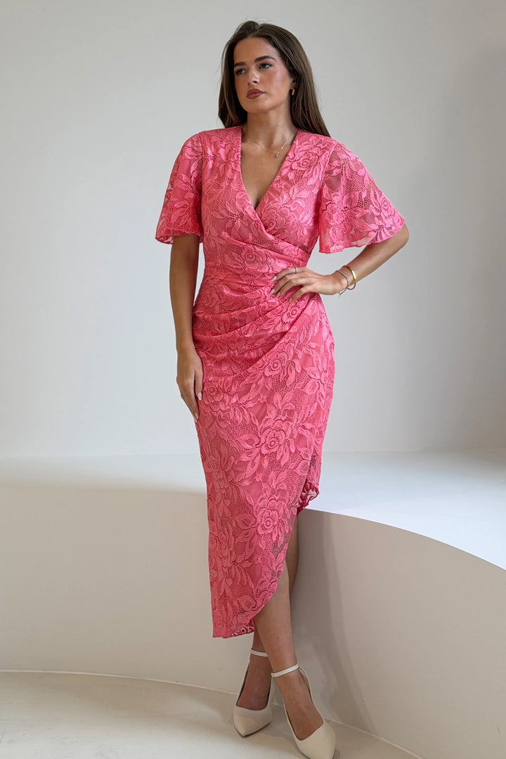 Natasha Pink Lace Angel Sleeve Chiffon Wrap Midi Dress