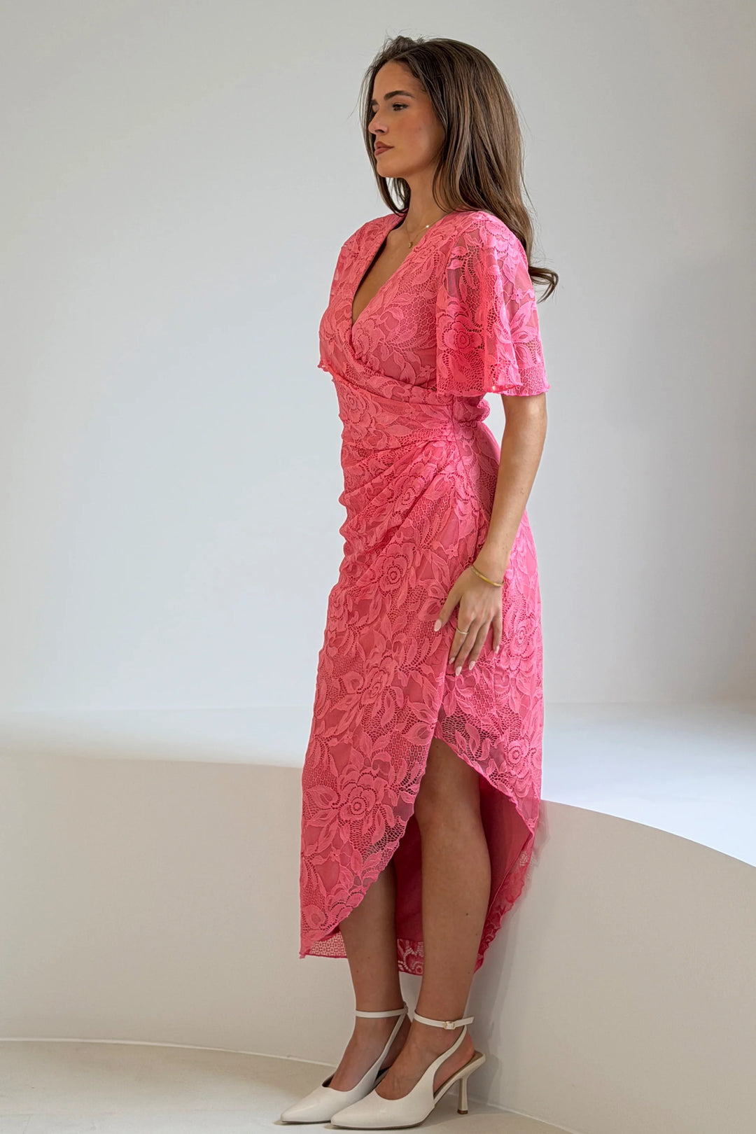 Natasha Pink Lace Angel Sleeve Chiffon Wrap Midi Dress