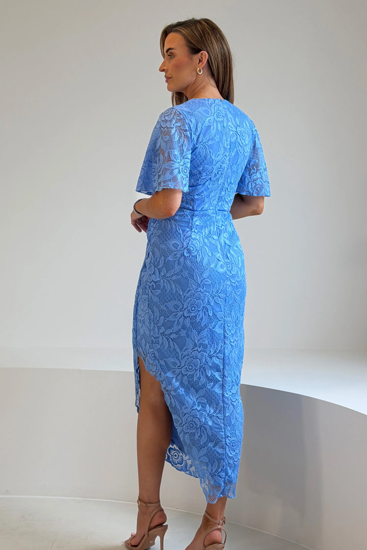 Natasha Blue Lace Angel Sleeve Chiffon Wrap Midi Dress
