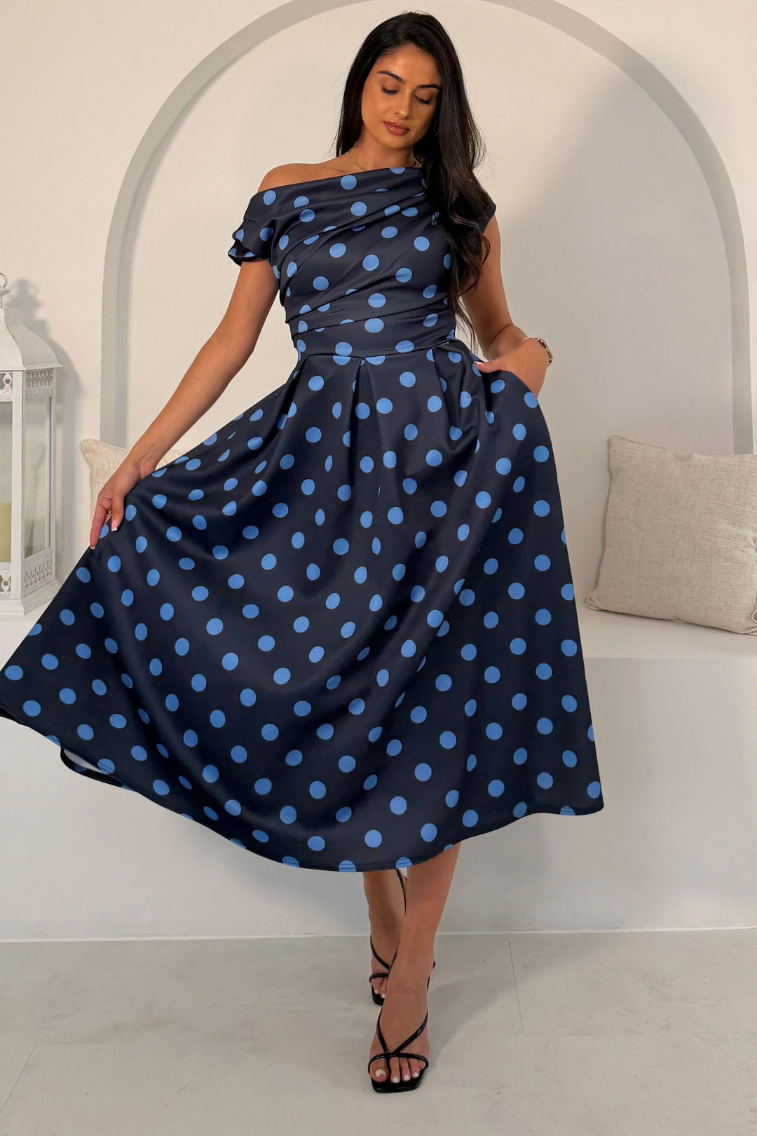 Betty Navy & Blue Polka Dot Asymmetric Neckline Skater Maxi Dress With Pockets