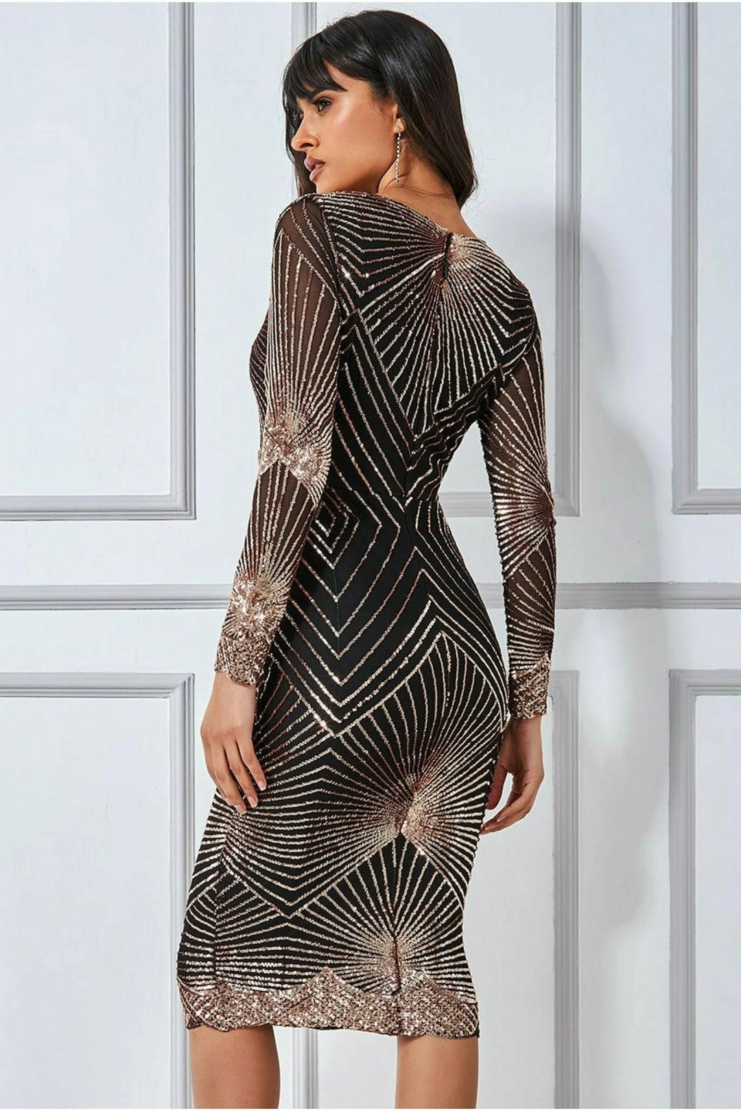 Starburst Rose Gold Long Sleeve Sequin Bodycon Midi Dress