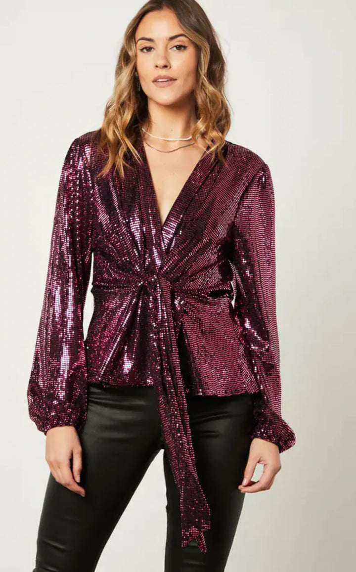 Jemima Burgundy Sequin Front Knot Kimono Long Sleeve Blouse